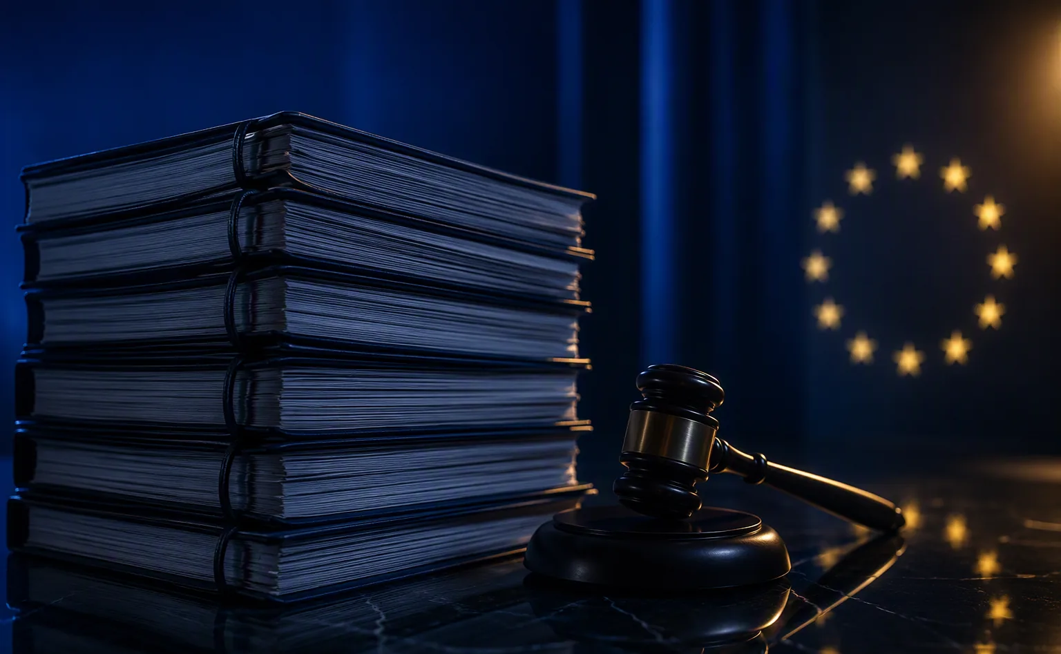Compliance-documenten en een gavel met EU-sterren in blauw licht — de AI Act in de praktijk