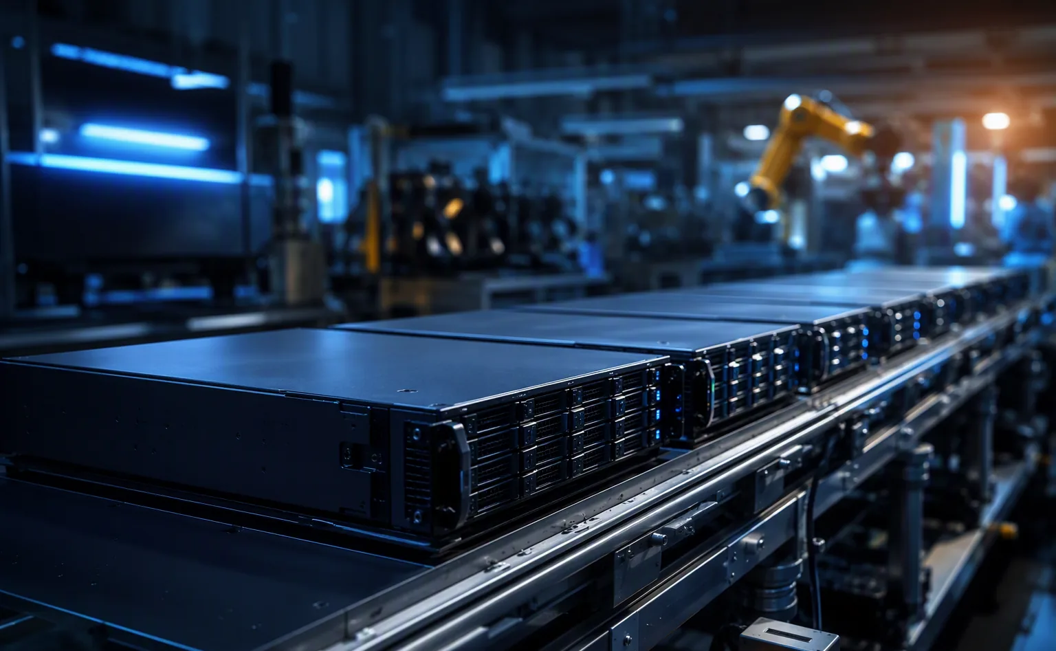 Rij identieke rackservers op een productielijn — geindustrialiseerde AI-infrastructuur