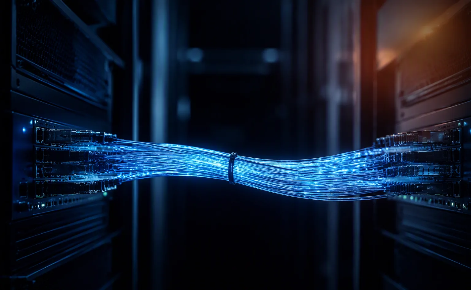 Twee switches verbonden door een bundel gloeiende glasvezelkabels tussen serverracks