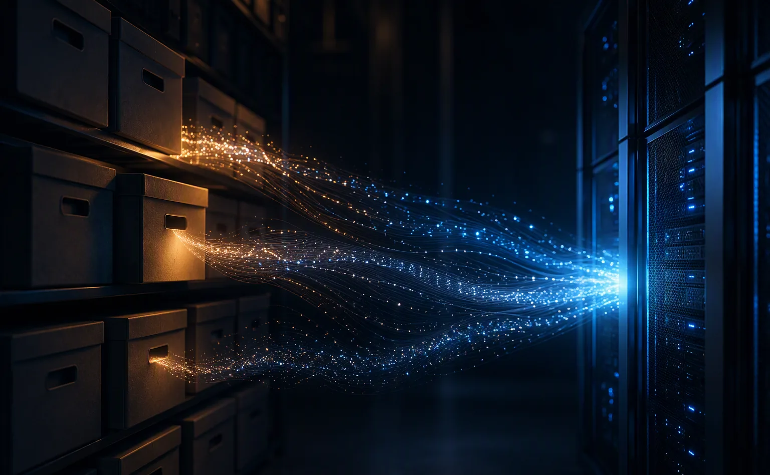 Archiefdozen waarvan documenten als lichtdeeltjes naar een serverrack stromen — RAG in beeld