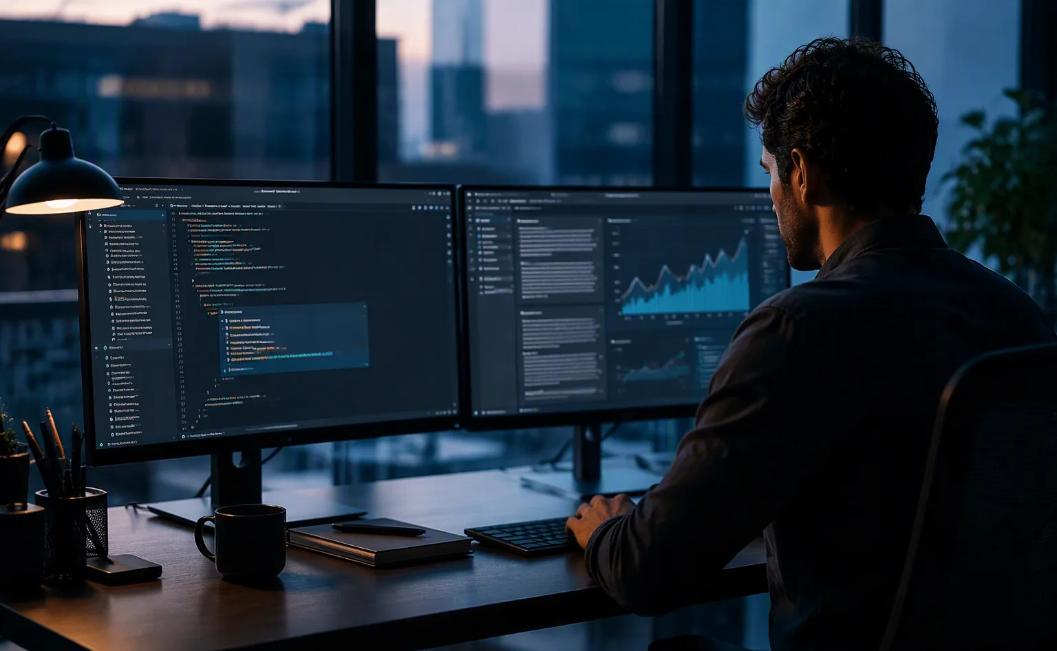 Monitoren met code-completion, documentsamenvatting en een gegenereerde grafiek op een bureau