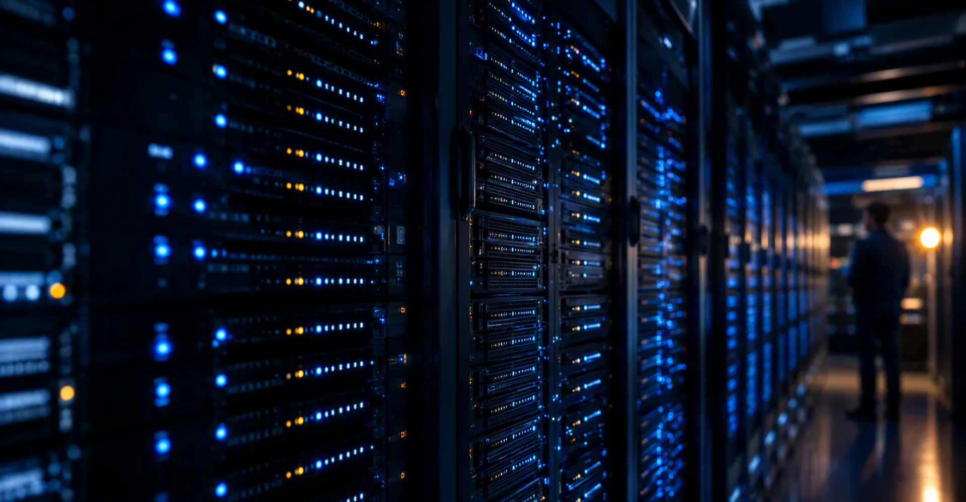 Enterprise storage in een datacenter met blauwe statusverlichting