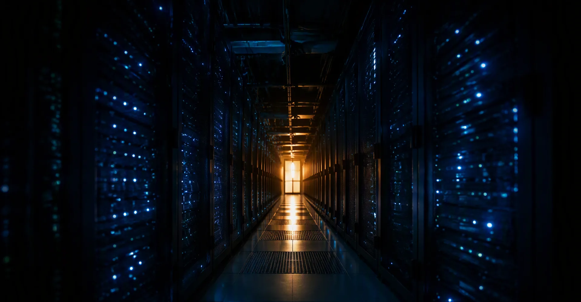 Donker datacentergangpad met blauwe statusleds en warm licht aan het einde