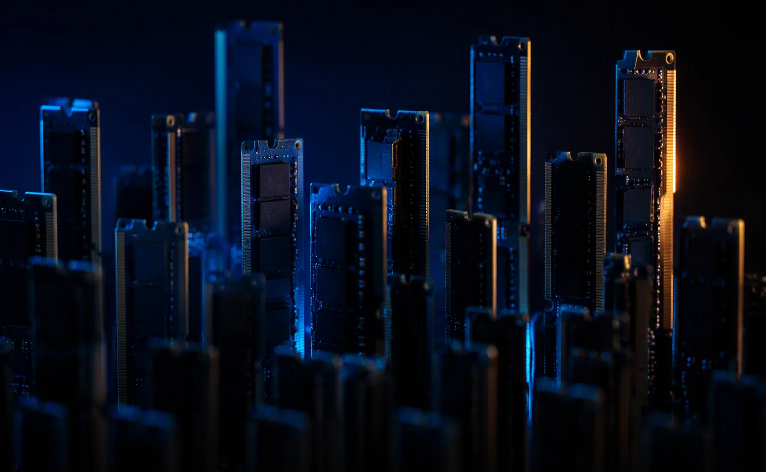Geheugenmodules als donkere skyline met blauw en amber licht